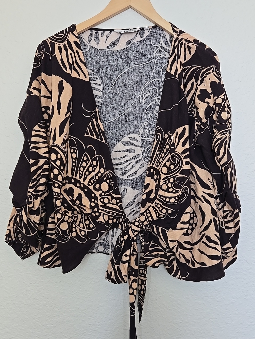 Zara Brown & Beige Linen Blend Tie-Front Floral Print Top